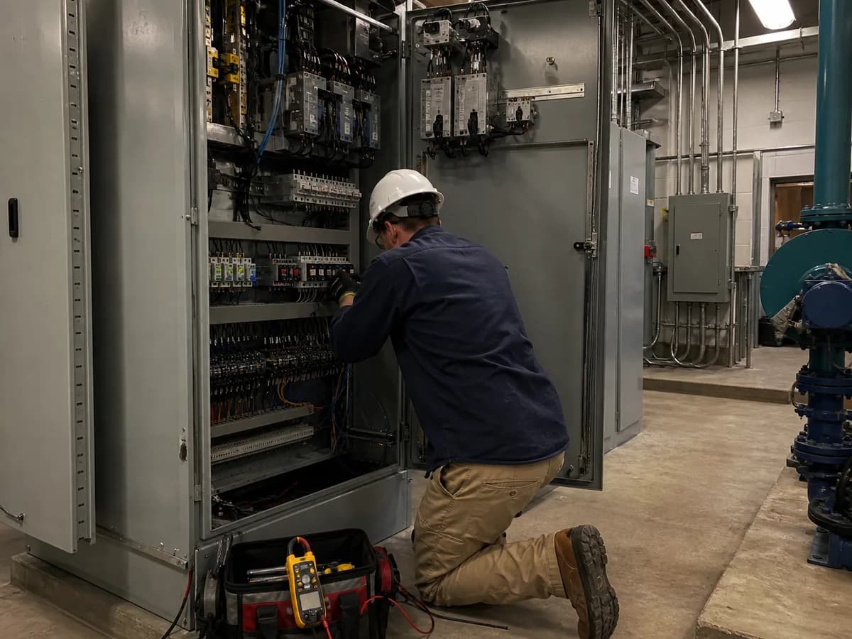 Electrician performing maintenance inside an industrial control cabinet