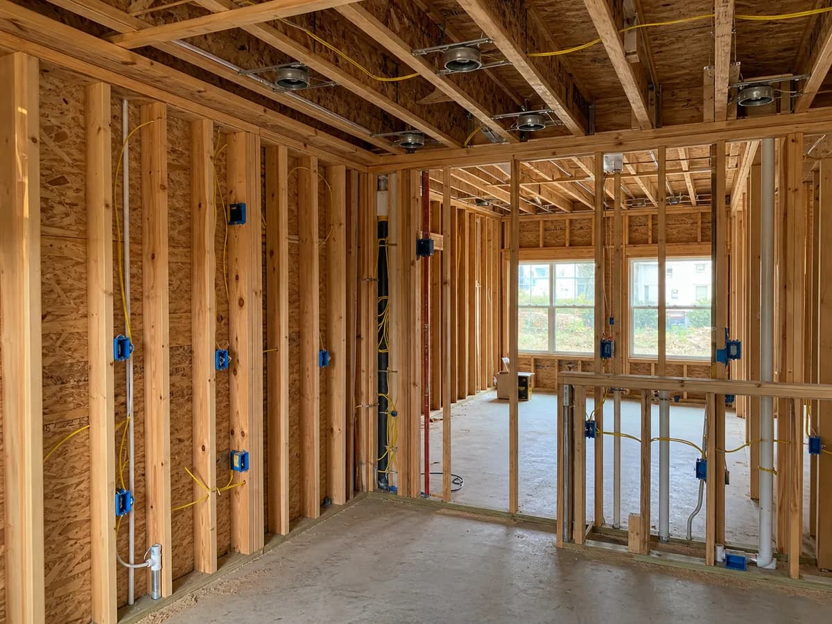 New home electrical rough-in with wiring, boxes, and recessed light housings