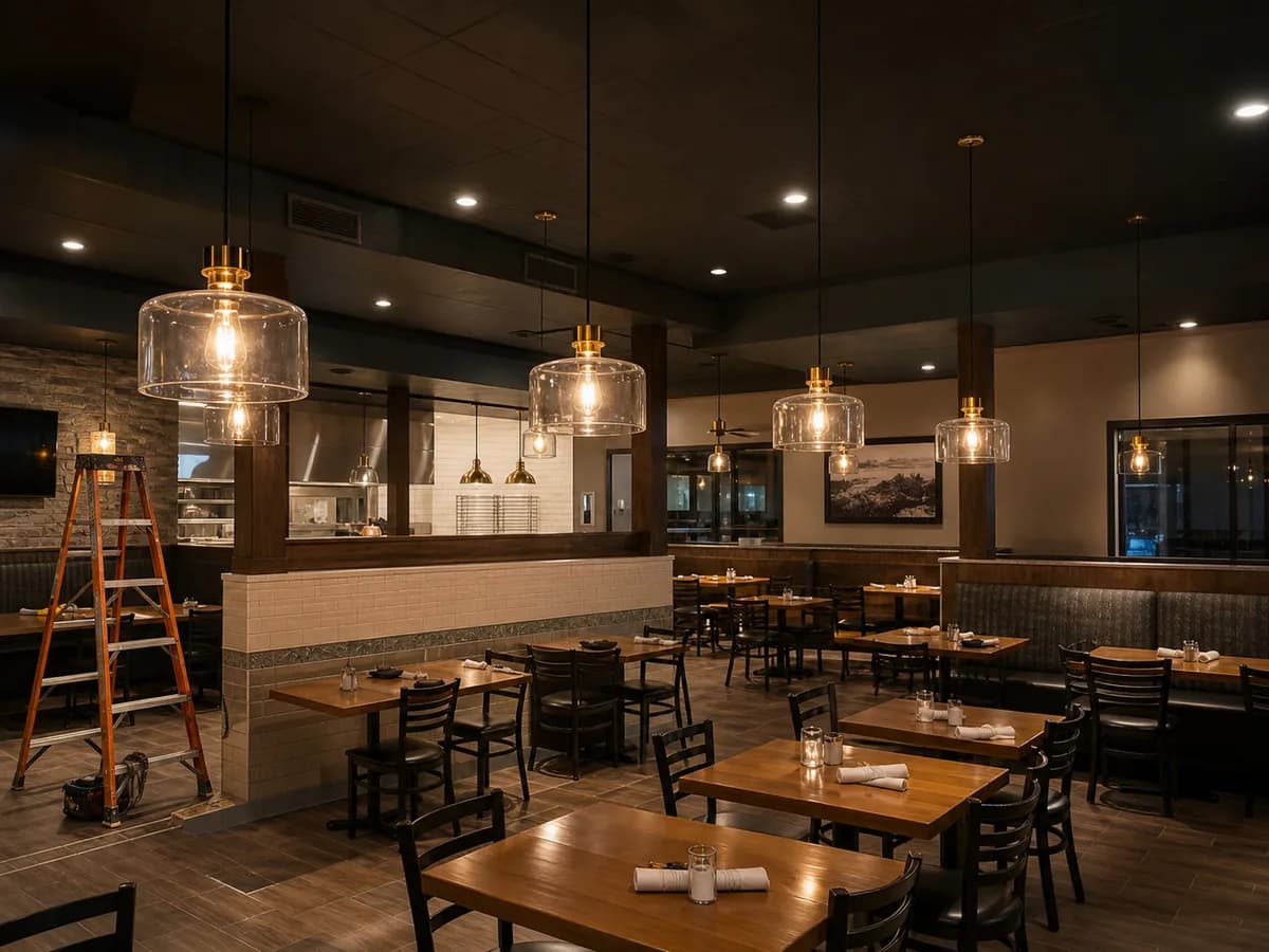 Finished restaurant dining room with warm pendant and recessed lighting