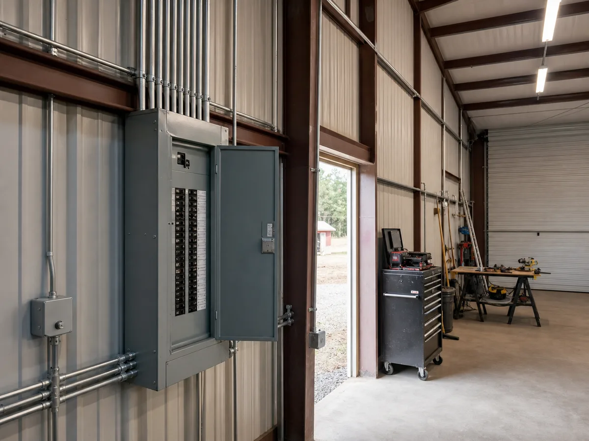 Electrical panel and conduit installed inside a clean metal shop building